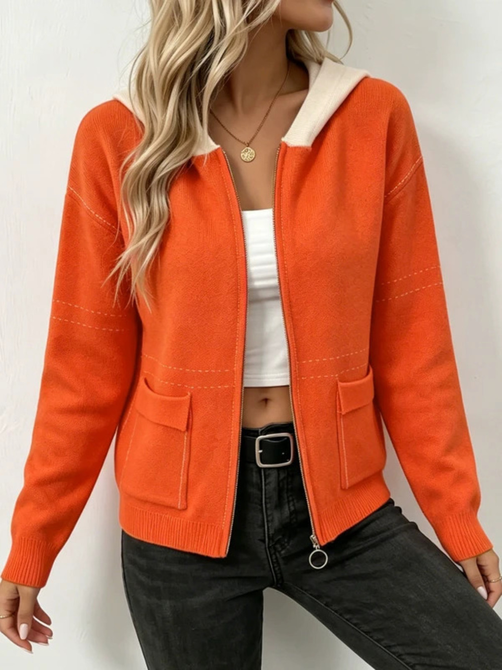 ZARA Women Fall Winter Zip Up Ribbed Knitted Hooded Cardigan with Pockets Casual